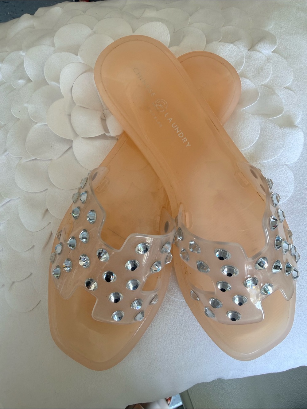 Chinese Laundry Nude Clear Jeweled Slide Mules
